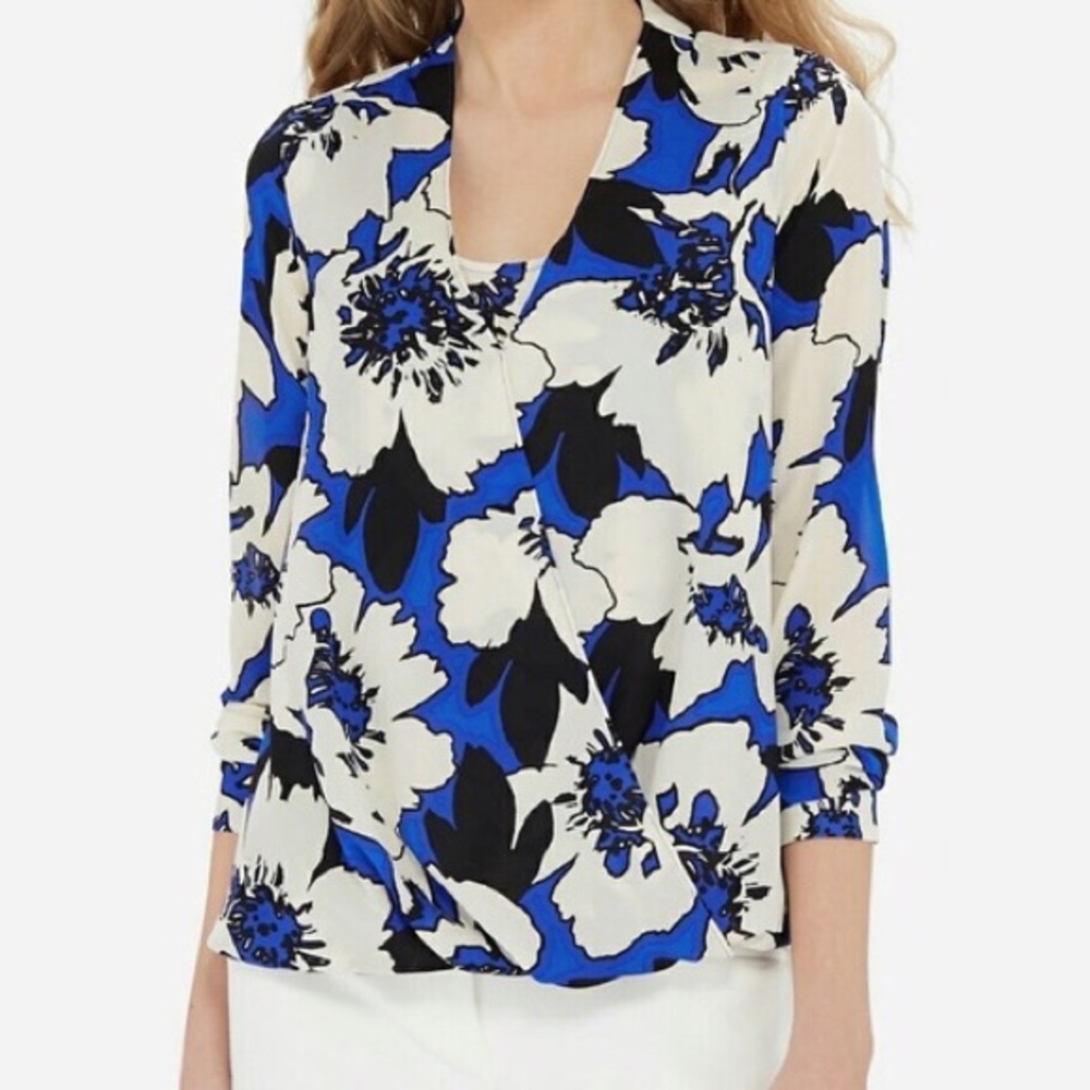 The Limited Black Blue White Faux Wrap Blouse S